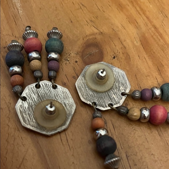 Silver and Multicolor Wood Bead Dangle Earrings - Picture 6 of 6